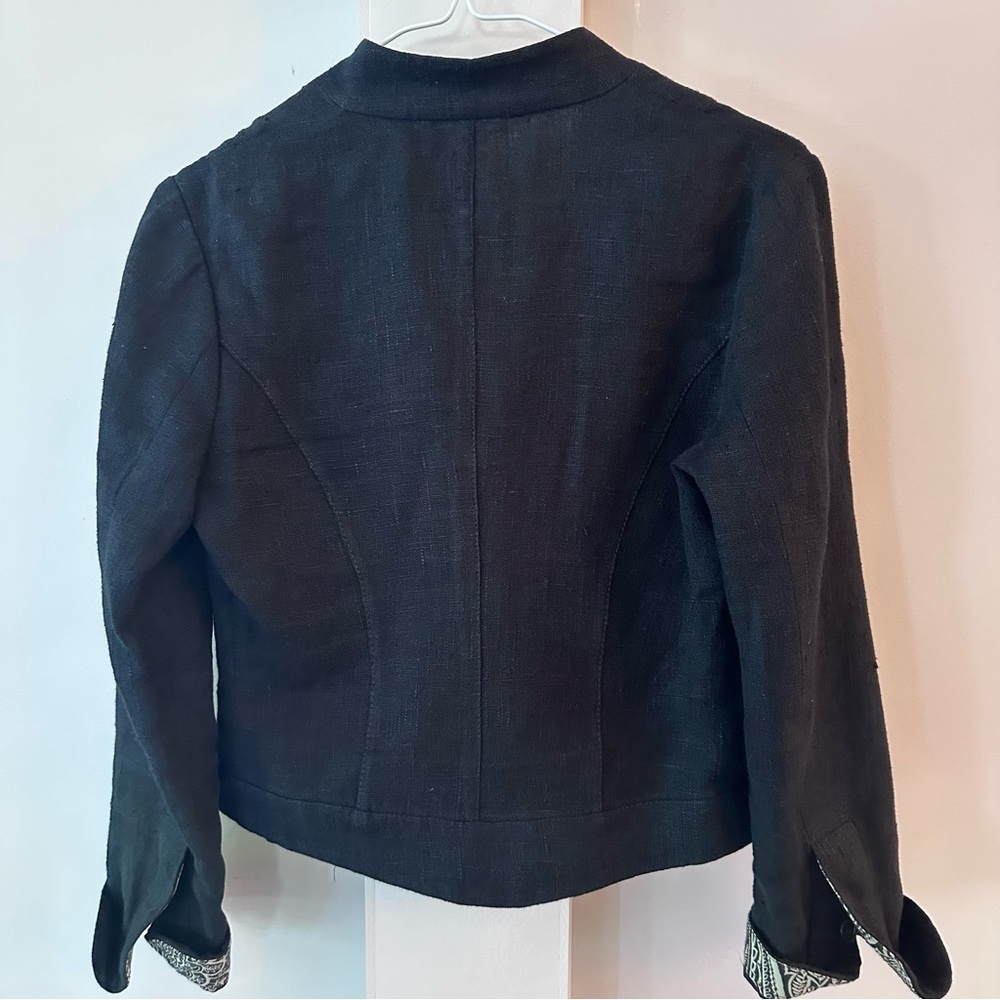 Etro Black Linen Blend Cropped Blazer with Paisley Trim - Picture 2 of 10